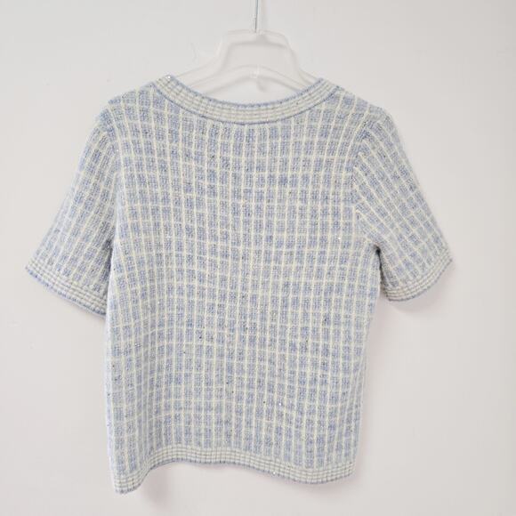 Talbots M Crewneck Sweater Sequin Plaid Blue Short Sleeve Preppy Academic NWT - Picture 3 of 12